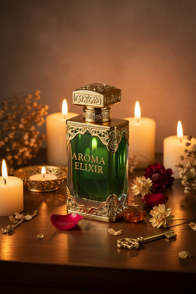 Aroma Elixir lifestyle shot on wooden vanity with candles and dried flowers