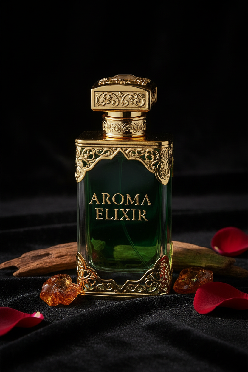 Aroma Elixir close-up front view on black velvet with golden light