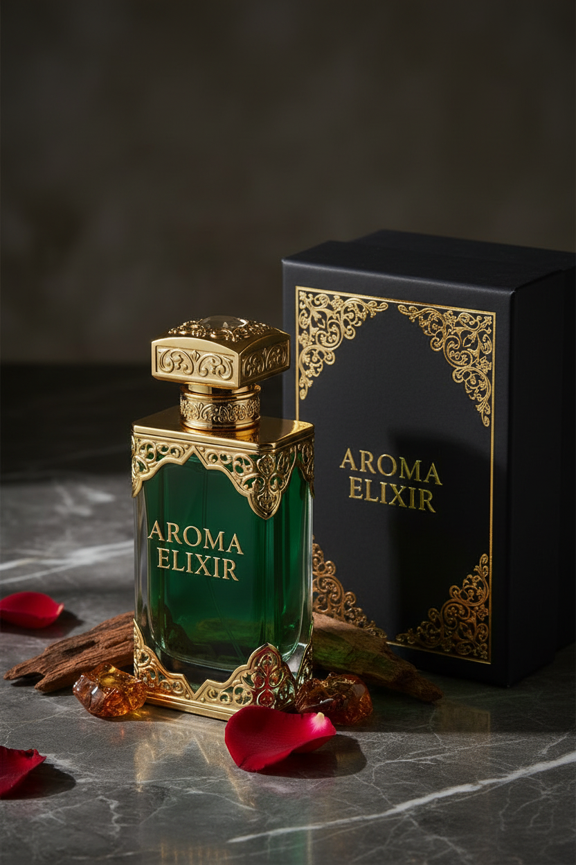 Aroma Elixir bottle with premium gift box on dark marble